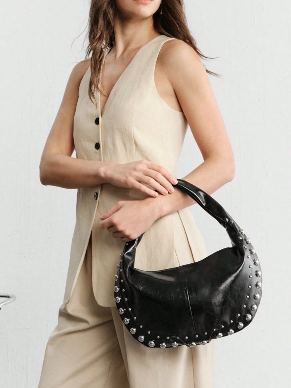 Black faux leather Casual Women's Studded Shoulder Bag - Picture 8 of 9